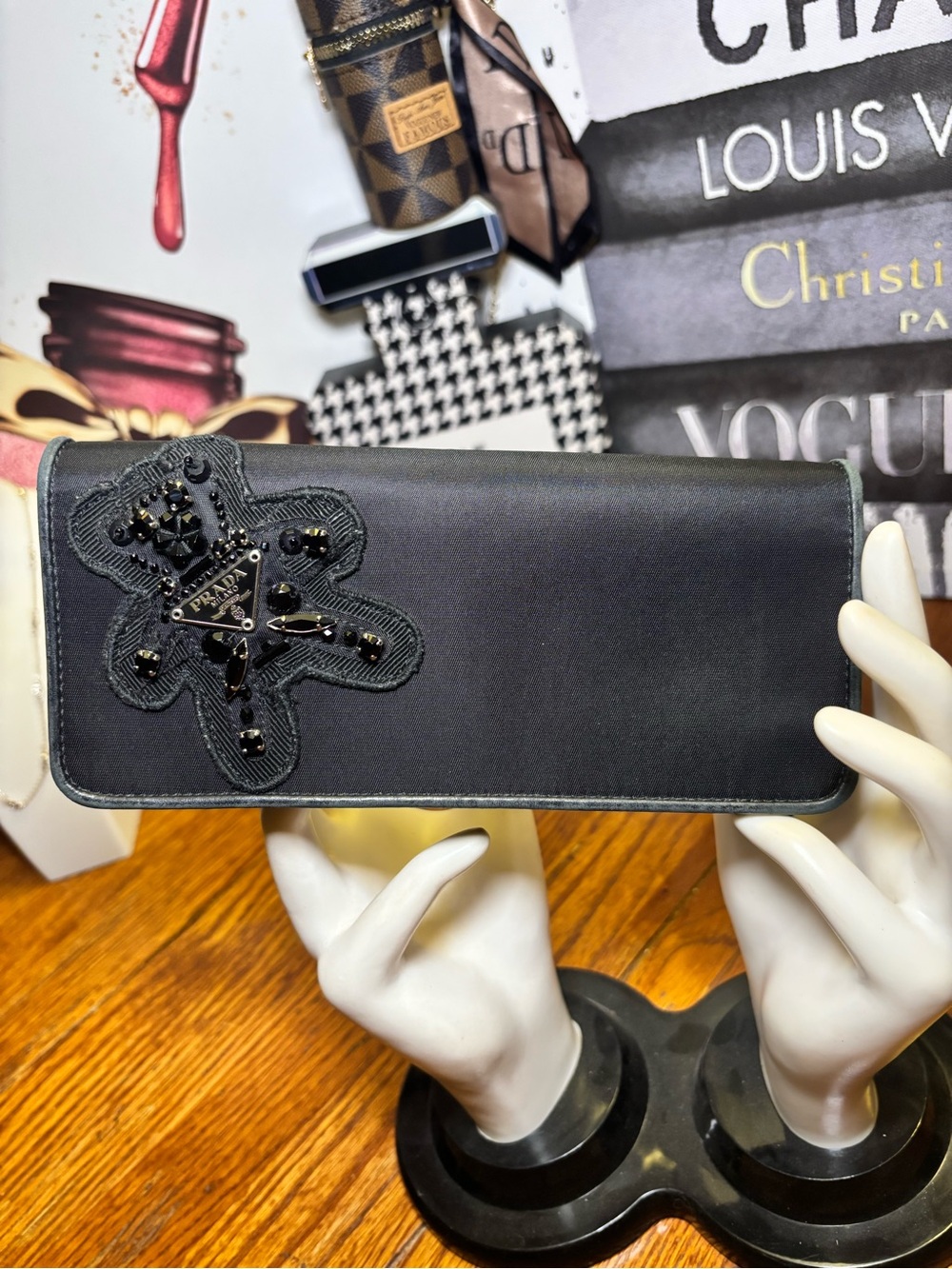 Prada Authentic Black Jeweled Floral Continental Wallet w/ COA